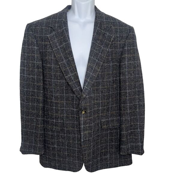 Lands' End Gray Windowpane Plaid Harris Tweed Wool Blazer Sport Coat Men 41R